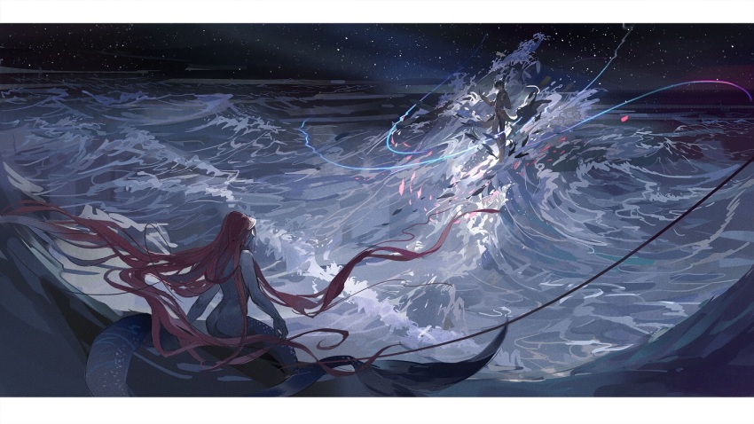 1boy, 1girl, black_jacket, black_pants, chinese_commentary, commentary_request, fins, fish_tail