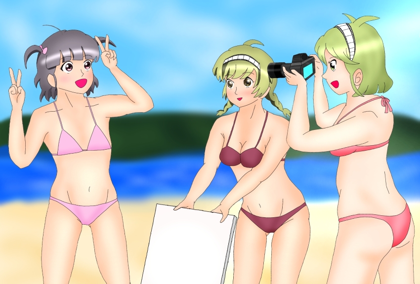 3girls, bikini, black_hair, blue_sky, brown_bikini, camekan-tan, camera, green_hair, highres, multiple_girls, photo-tan, pink_bikini, prosta-tan, sky, swimsuit, v