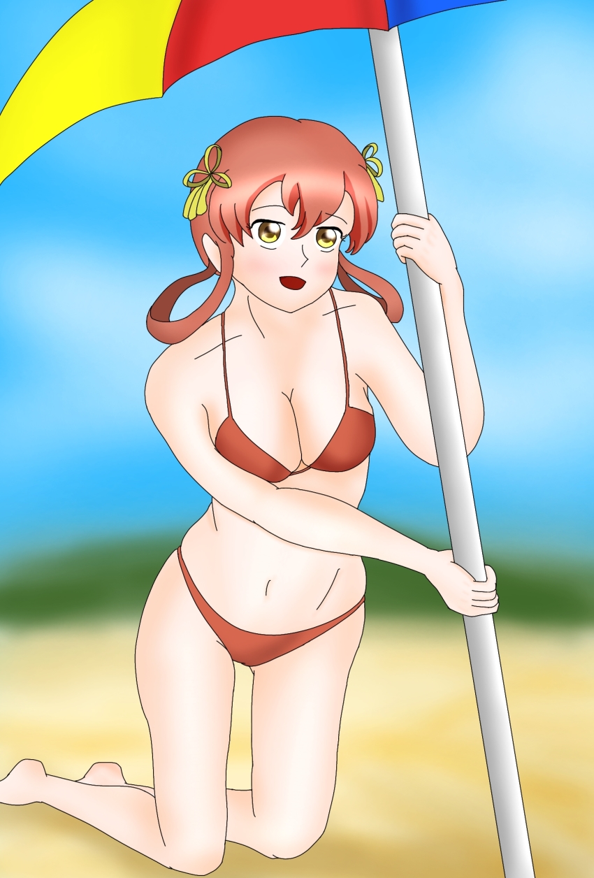 1girl, beach_umbrella, bikini, blue_sky, breasts, brown_bikini, brown_hair, cleavage