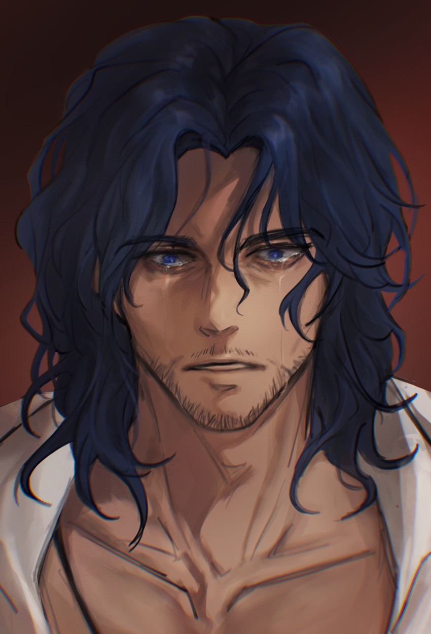 1boy, absurdres, akkking, alger_wilson, beard, blue_eyes, blue_hair, chinese_commentary