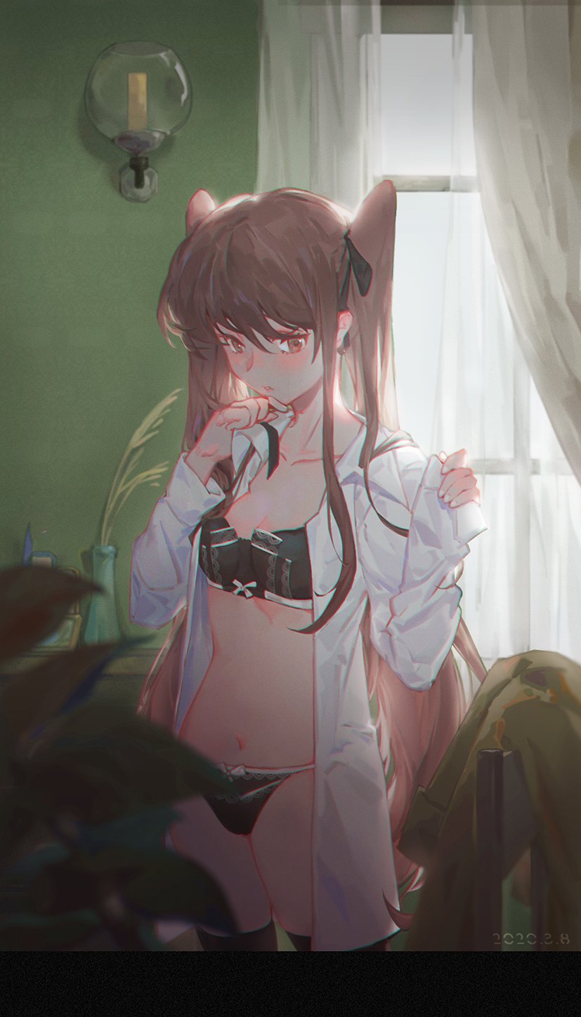 1girl, black_bra, black_panties, black_thighhighs, blush, bra, breasts, brown_eyes