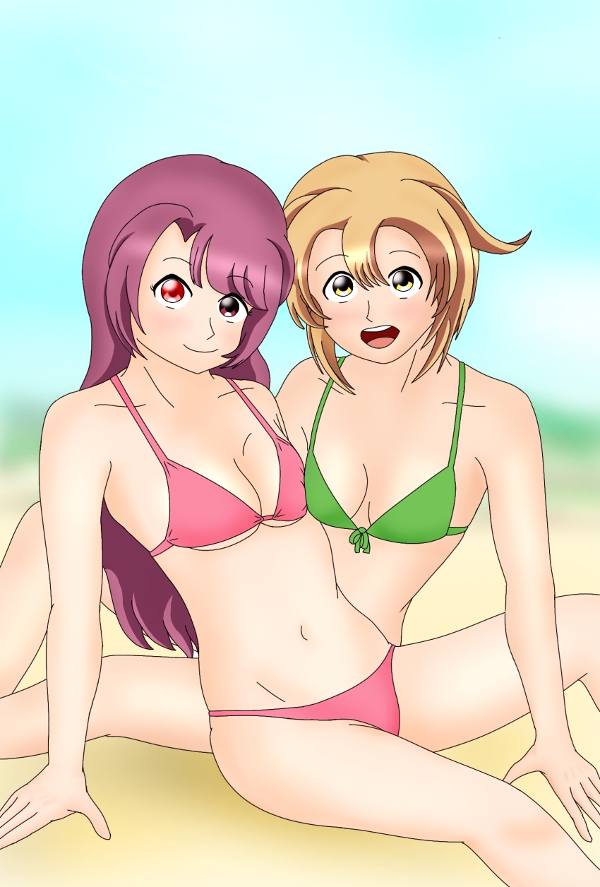 2girls, bikini, breasts, brown_hair, cleavage, funa-tan, green_bikini, heterochromia