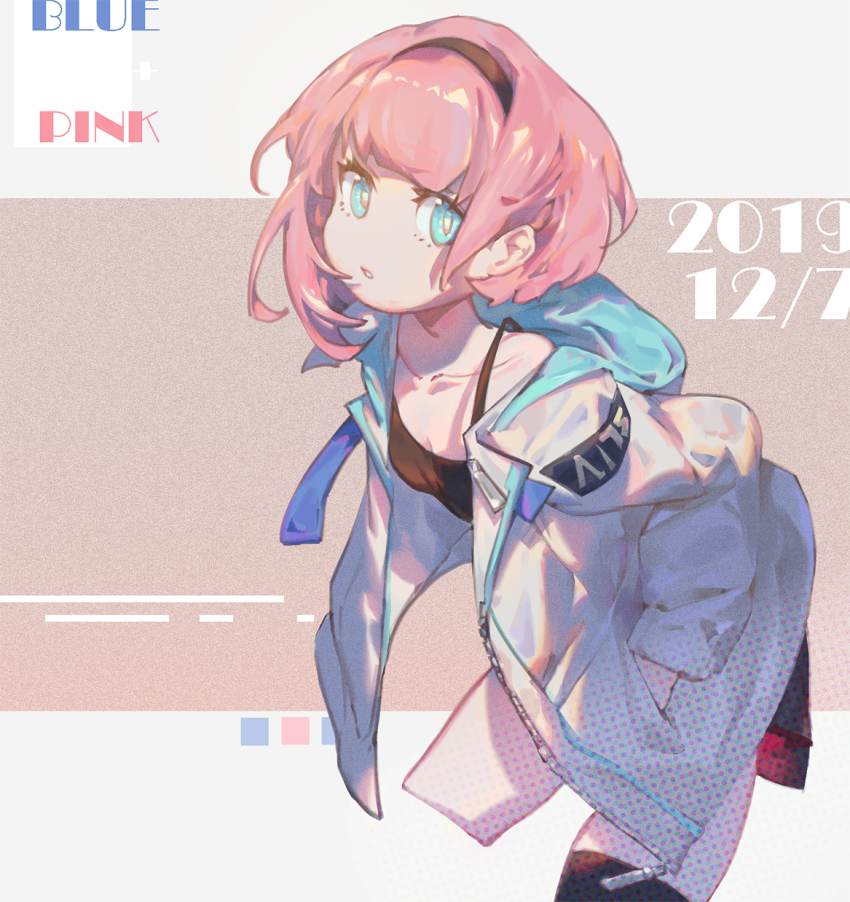 1girl, arknights, black_thighhighs, blue_eyes, blue_poison_(arknights), breasts, bright_pupils, camisole