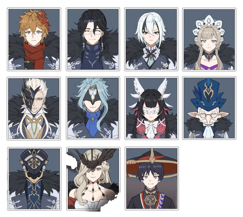 4girls, 6+boys, aqua_hair, arlecchino_(genshin_impact), large_nose, black_hair, black_mask, blue_headwear