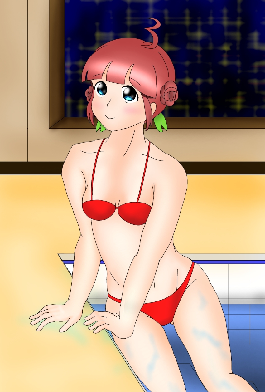 1girl, ahoge, bikini, highres, mikke-tan, pool, red_bikini, swimsuit, window