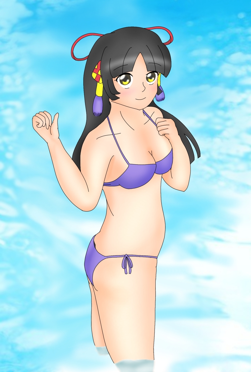 1girl, bikini, black_hair, breasts, cleavage, collarbone, hair_ornament, hair_ribbon