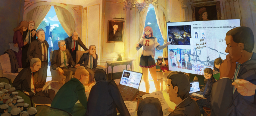 6+boys, 6+girls, absurdres, akashi_(kancolle), black_hair, black_jacket, book, c2-chan