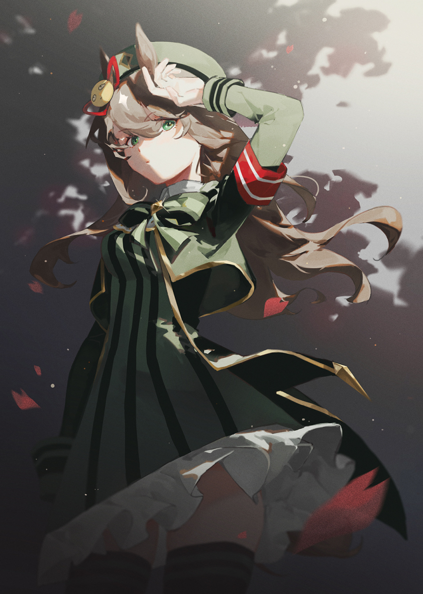 1girl, animal_ears, arm_at_side, arm_up, armband, beret, bow, bowtie