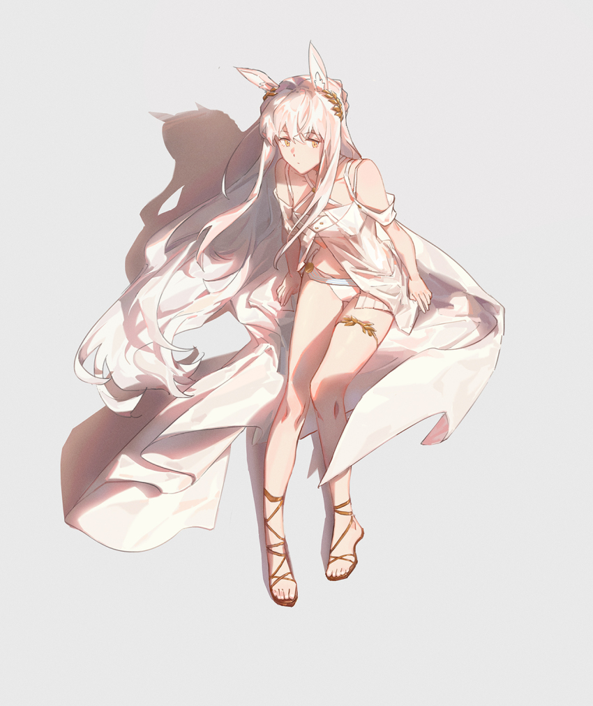 1girl, animal_ears, arknights, bandeau, bare_shoulders, bikini, full_body, highres, laurel_crown, long_hair, looking_to_the_side, mian_lu, navel, platinum_(arknights), platinum_(shimmering_dew)_(arknights), sandals, shadow, sitting, solo, swimsuit, thigh_strap, very_long_hair, white_bikini, white_hair, yellow_eyes