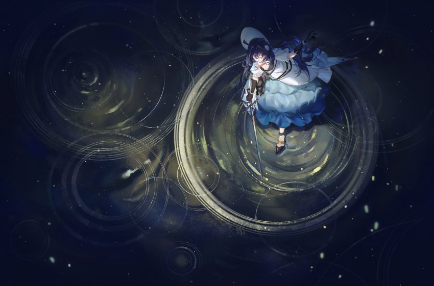 1girl, arknights, astesia_(arknights), astesia_(starseeker)_(arknights), black_footwear, black_gloves, blue_hair, bracelet