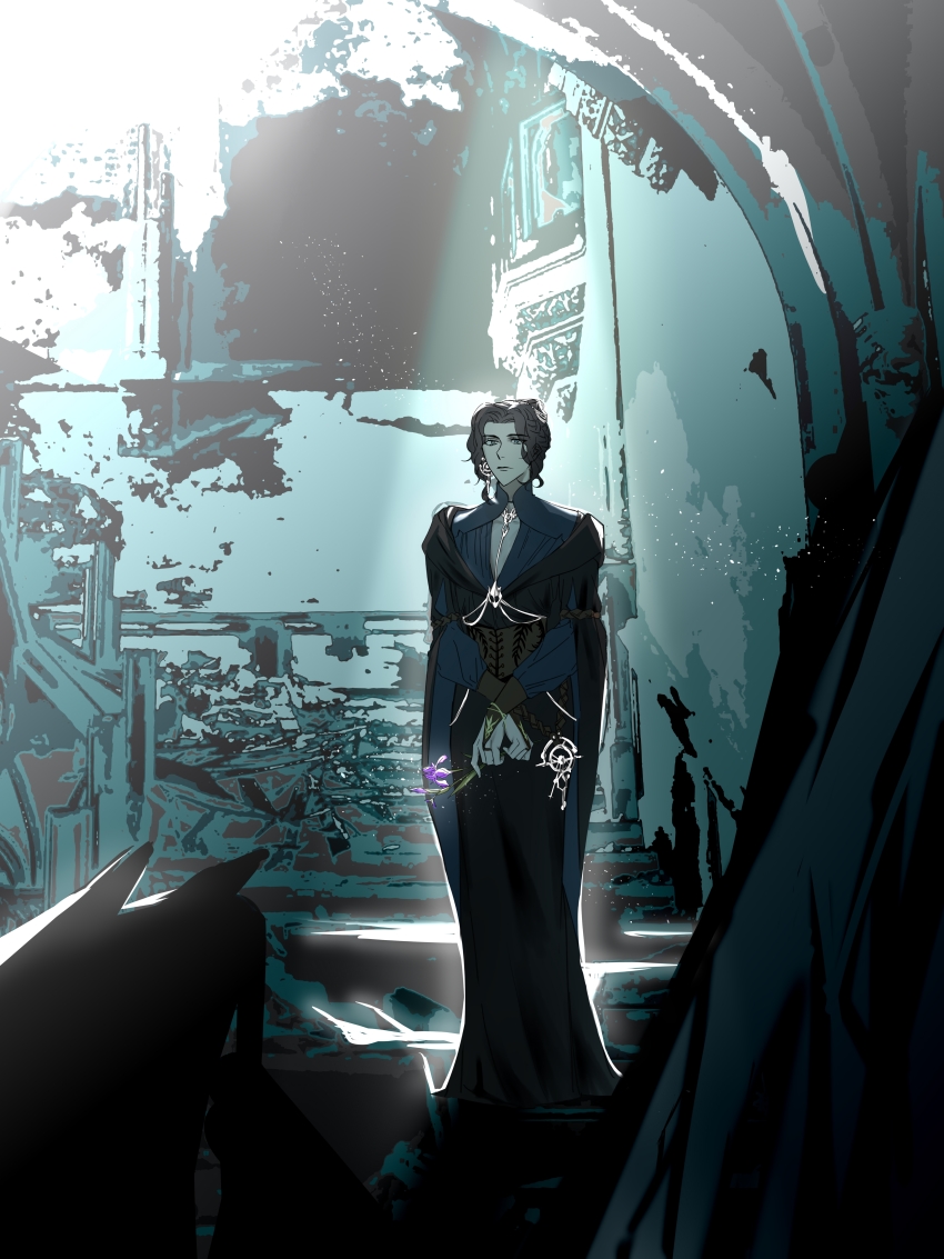 absurdres, black_dress, black_hair, breasts, cape, chinese_commentary, choker, cleavage