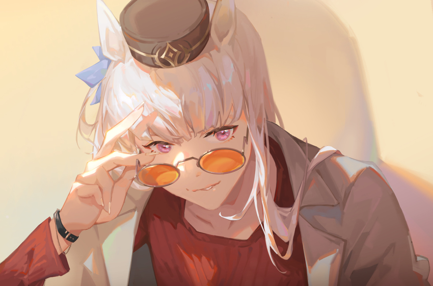 1girl, adjusting_eyewear, alternate_costume, brown_coat, coat, coat_on_shoulders, collarbone, gold_ship_(umamusume)