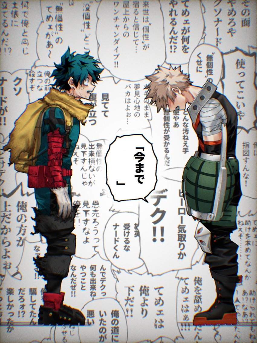 2boys, apologizing, arms_at_sides, bag, bakugou_katsuki, bandages, belt, blonde_hair