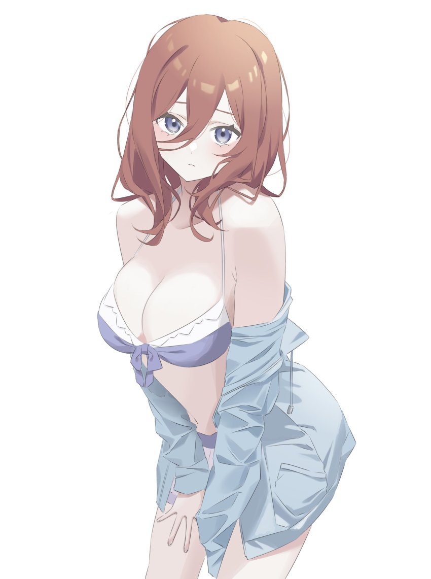 1girl, azuki_(ckxs7444), blue_shirt, bra, breasts, brown_hair, cleavage, closed_mouth