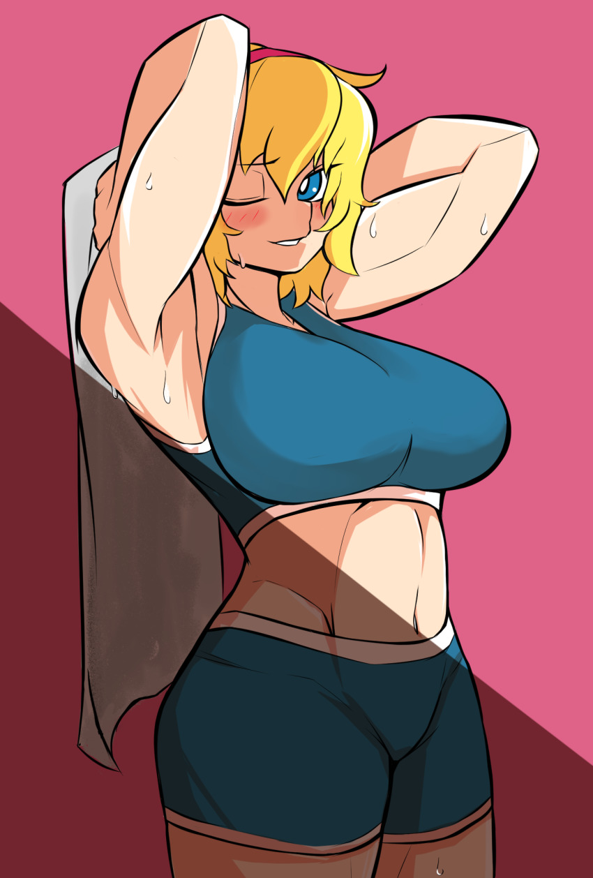 1girl, alice_margatroid, armpits, blonde_hair, blue_eyes, blue_shorts, blue_sports_bra, blush