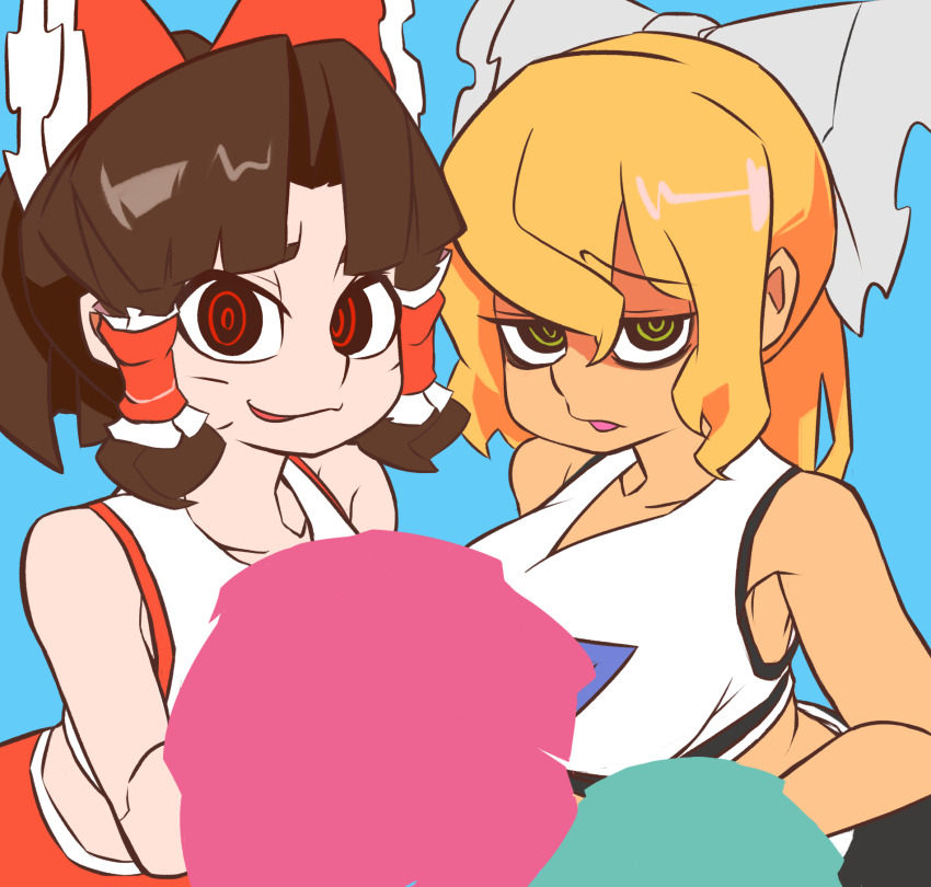 2girls, alternate_costume, benikurage_(cookie), blonde_hair, blue_background, bow, breasts, brown_hair, cheerleader, commentary_request, cookie_(touhou), crop_top, facial_mark, frilled_bow, frilled_hair_tubes, frills, green_eyes, hair_bow, hair_tubes, hakurei_reimu, highres, jijii_(nicoseiga91467756), kirisame_marisa, large_breasts, long_hair, looking_at_viewer, mars_(cookie), multiple_girls, open_mouth, parody, parted_bangs, pom_pom_(cheerleading), red_bow, red_eyes, ringed_eyes, scotch_(cookie)_(style), shirt, simple_background, small_breasts, smile, style_parody, touhou, upper_body, whisker_markings, white_bow, white_shirt