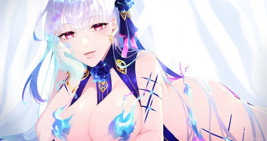 1girl, absurdres, bare_shoulders, blue_fire, blue_hair, blush, body_markings, bracelet, breasts, earrings, fate/grand_order, fate_(series), fire, flower, hair_flower, hair_ornament, hair_ribbon, highres, jewelry, kama_(adult)_(fate), kama_(fate), kama_(swimsuit_avenger)_(third_ascension)_(fate), kama_(third_ascension)_(fate), large_breasts, long_hair, looking_at_viewer, lotus, lying, multicolored_hair, navel, on_stomach, one-piece_swimsuit, open_mouth, red_eyes, revealing_clothes, ribbon, smile, solo, star_(symbol), star_earrings, swimsuit, thighs, turtleneck, turtleneck_one-piece_swimsuit, two-tone_hair, white_hair, yutsuki_(pixiv40202660)