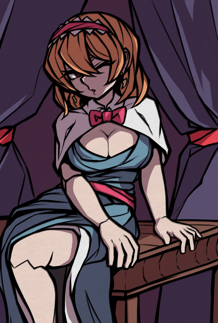 1girl, alice_margatroid, blonde_hair, blue_dress, bow, bowtie, breasts, capelet