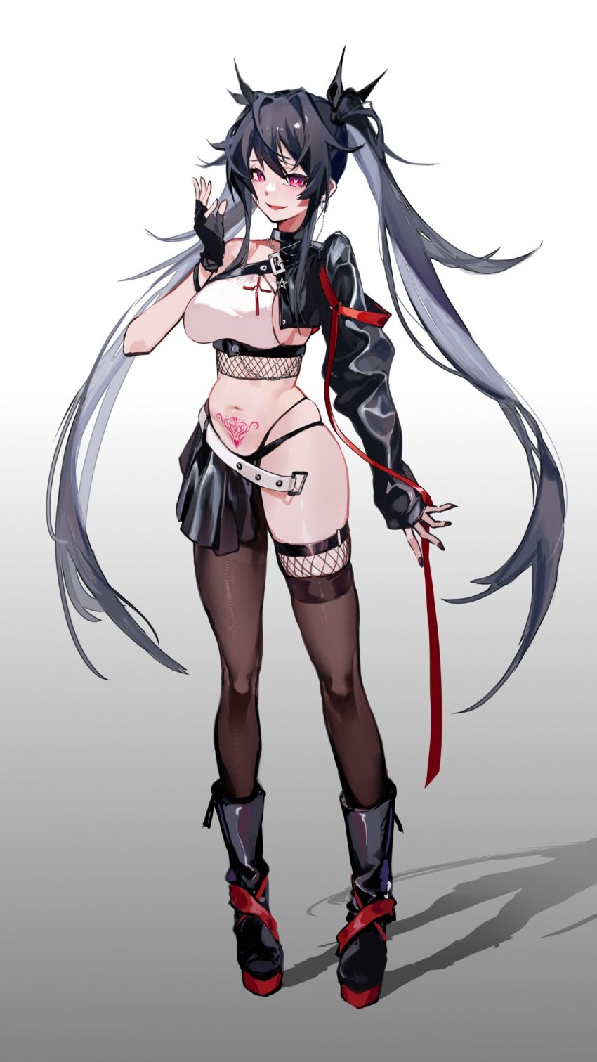 1girl, arm_at_side, asymmetrical_legwear, bare_shoulders, belt, black_boots, black_gloves, black_nails