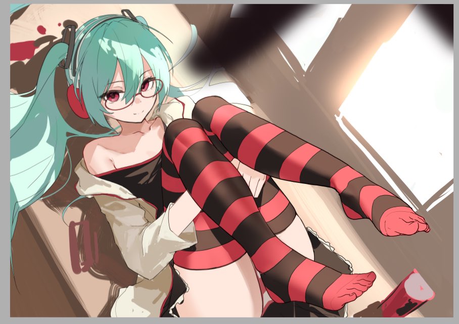 1girl, aqua_hair, bare_shoulders, black_shirt, black_skirt, blurry, closed_mouth, collarbone, depth_of_field, from_above, glasses, hair_between_eyes, hair_ornament, hatsune_miku, headphones, hugging_own_legs, indoors, jacket, jiu_ye_sang, legs_up, long_hair, long_sleeves, looking_at_viewer, lying, miniskirt, hatsune_miku_(natural), no_shoes, off_shoulder, on_back, own_hands_together, panties, project_diva_(series), red-framed_eyewear, red_eyes, red_panties, shirt, sketch, skirt, smile, solo, striped_clothes, striped_panties, striped_thighhighs, thighhighs, thighs, toes, twintails, underwear, very_long_hair, vocaloid, white_jacket