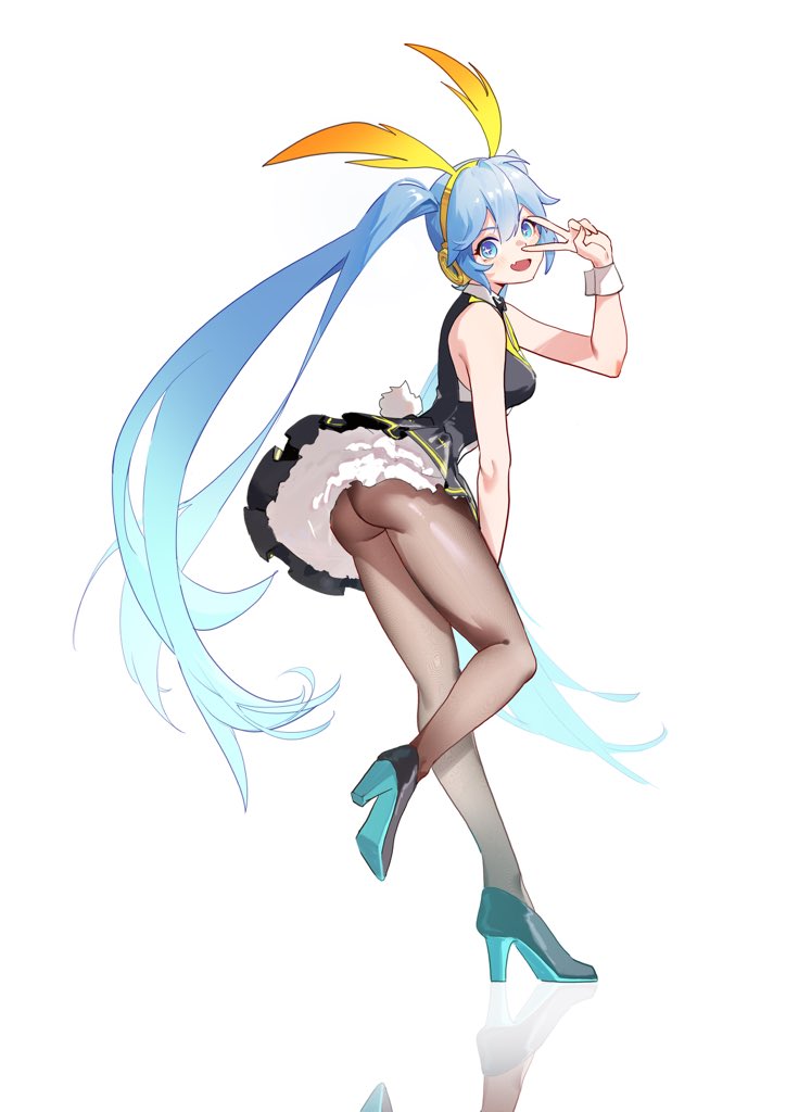 1girl, :d, animal_ears, aqua_hair, ass, bare_shoulders, black_dress, black_footwear