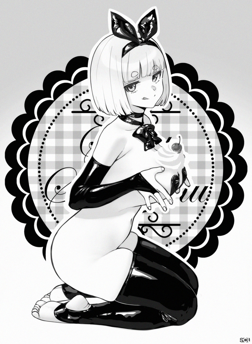 1girl, :p, animal_ears, black_gloves, black_thighhighs, bob_cut, bow, bow_choker