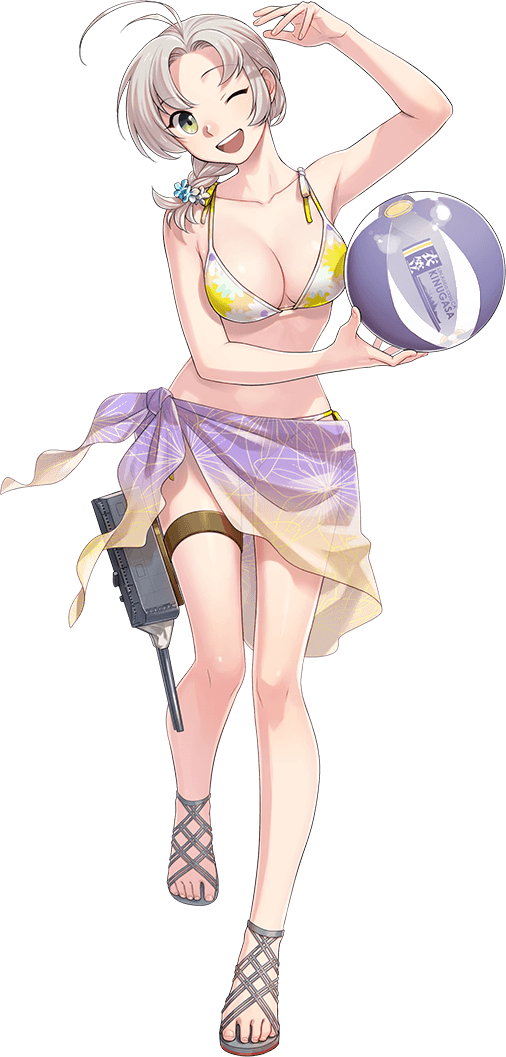 1girl, antenna_hair, ball, barefoot, beachball, bikini, blush, breasts