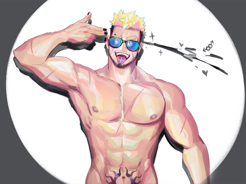 1boy, abs, absurdres, bara, black_nails, blonde_hair, crrispy_shark, facial_hair