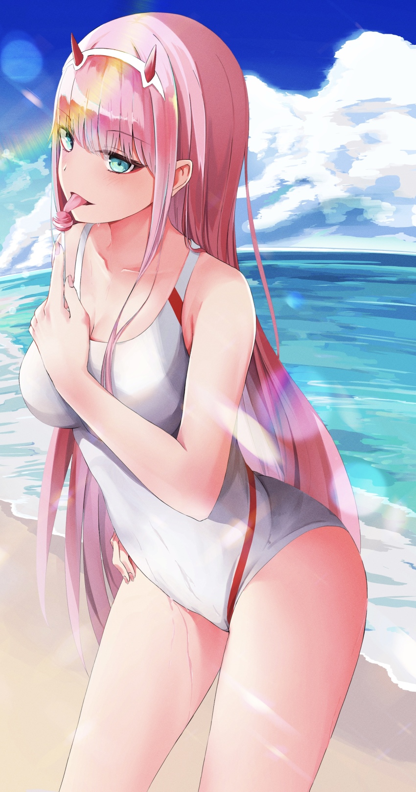 1girl, absurdres, aqua_eyes, beach, blue_sky, blush, breasts, candy