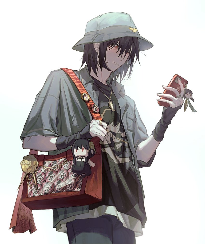 1boy, anachronism, cellphone, character_charm, character_doll, charm_(object), doll, duck_x805