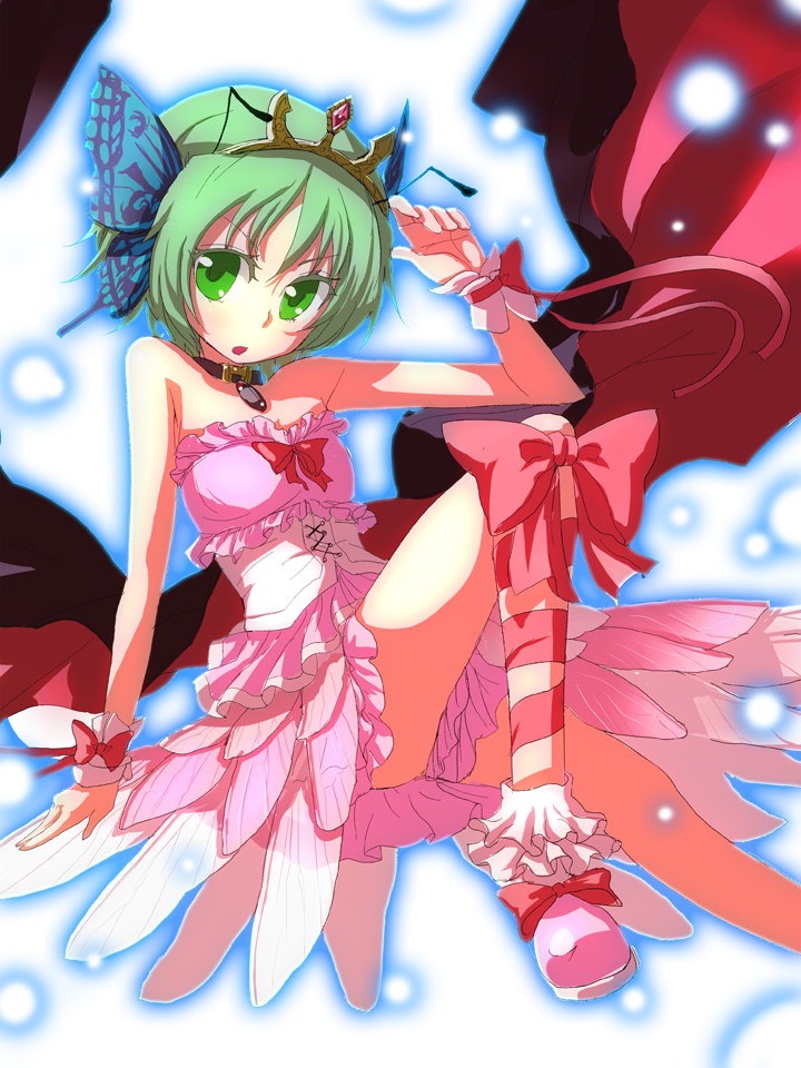 1girl, alternate_costume, antennae, arm_support, bare_shoulders, butterfly_hair_ornament, choker, colored_eyelashes