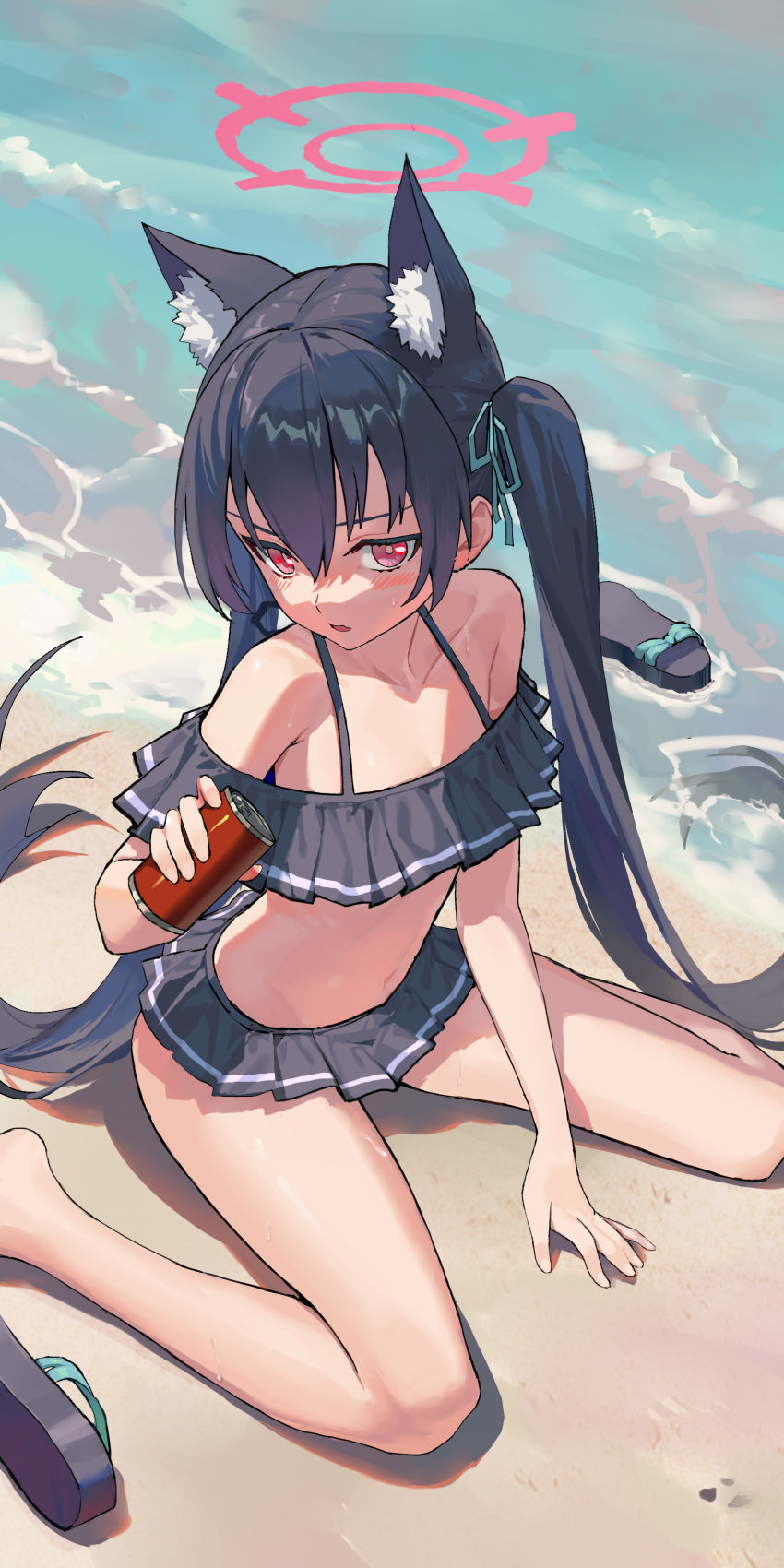 1girl, absurdres, animal_ear_fluff, animal_ears, beach, bikini, bikini_skirt, black_bikini, blue_archive, can, cat_ears, extra_ears, frilled_bikini, frills, hair_ribbon, halo, highres, holding, holding_can, kiroly, long_hair, off-shoulder_bikini, off_shoulder, red_eyes, ribbon, sand, sandals, unworn_sandals, serika_(blue_archive), serika_(swimsuit)_(blue_archive), sitting, swimsuit, twintails, wariza