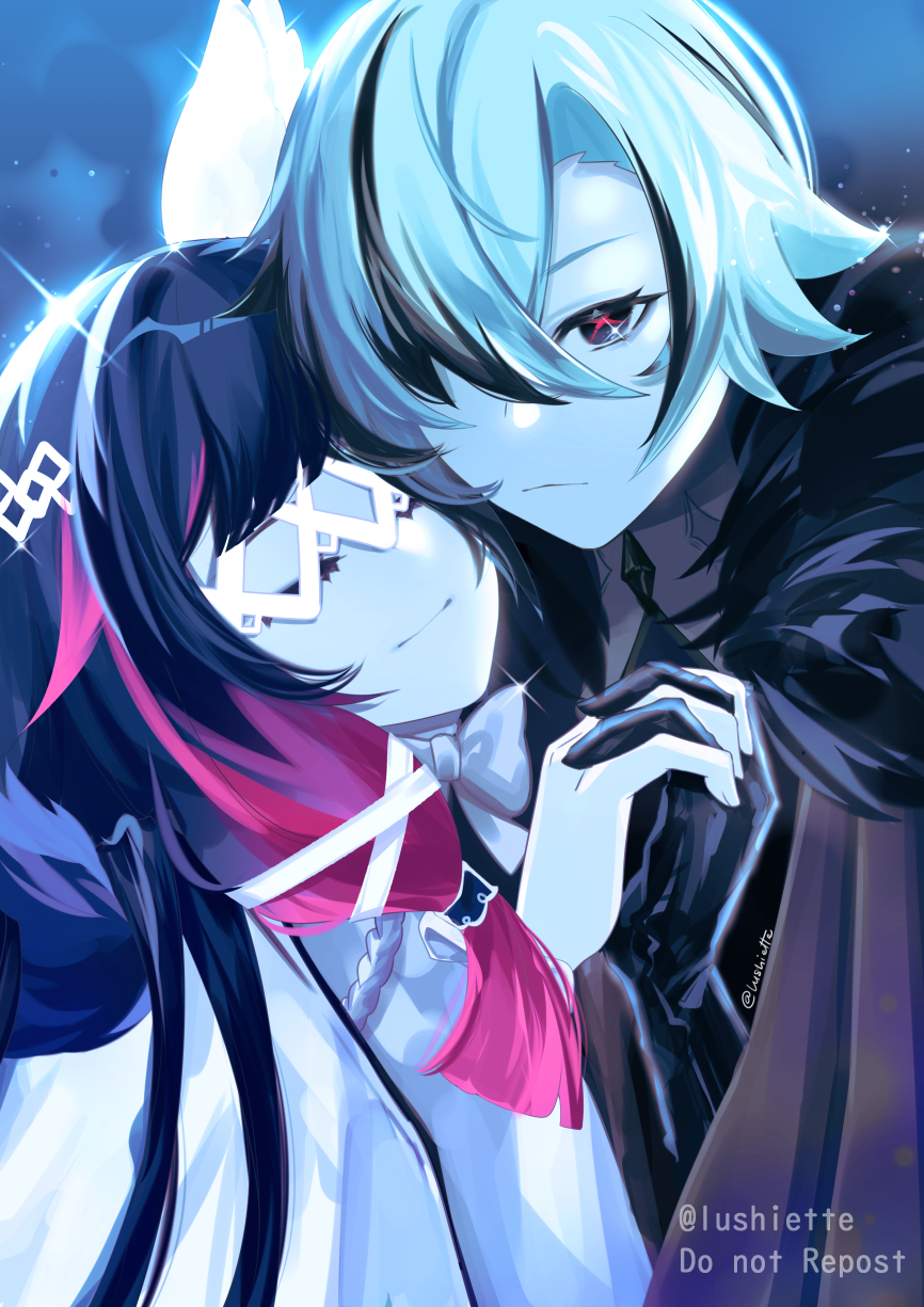 2girls, arlecchino_(genshin_impact), artist_name, black_gloves, black_hair, bright_pupils, closed_eyes, closed_mouth, coat, columbina_(genshin_impact), commentary, english_commentary, eye_mask, fatui_coat, fur-trimmed_coat, fur_trim, genshin_impact, gloves, gradient_hair, hair_ornament, hair_over_one_eye, hair_over_shoulder, highres, holding_hands, long_hair, looking_at_viewer, lushiette, mask, multicolored_hair, multiple_girls, pink_hair, pink_pupils, ribbon, short_hair, signature, smile, sparkle, streaked_hair, symbol-shaped_pupils, twitter_username, white_hair, x-shaped_pupils, yuri