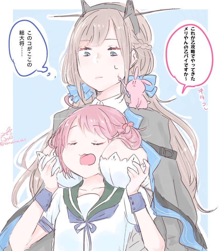 2girls, between_breasts, blonde_hair, blue_eyes, blue_neckerchief, blue_ribbon, blue_sailor_collar, breasts