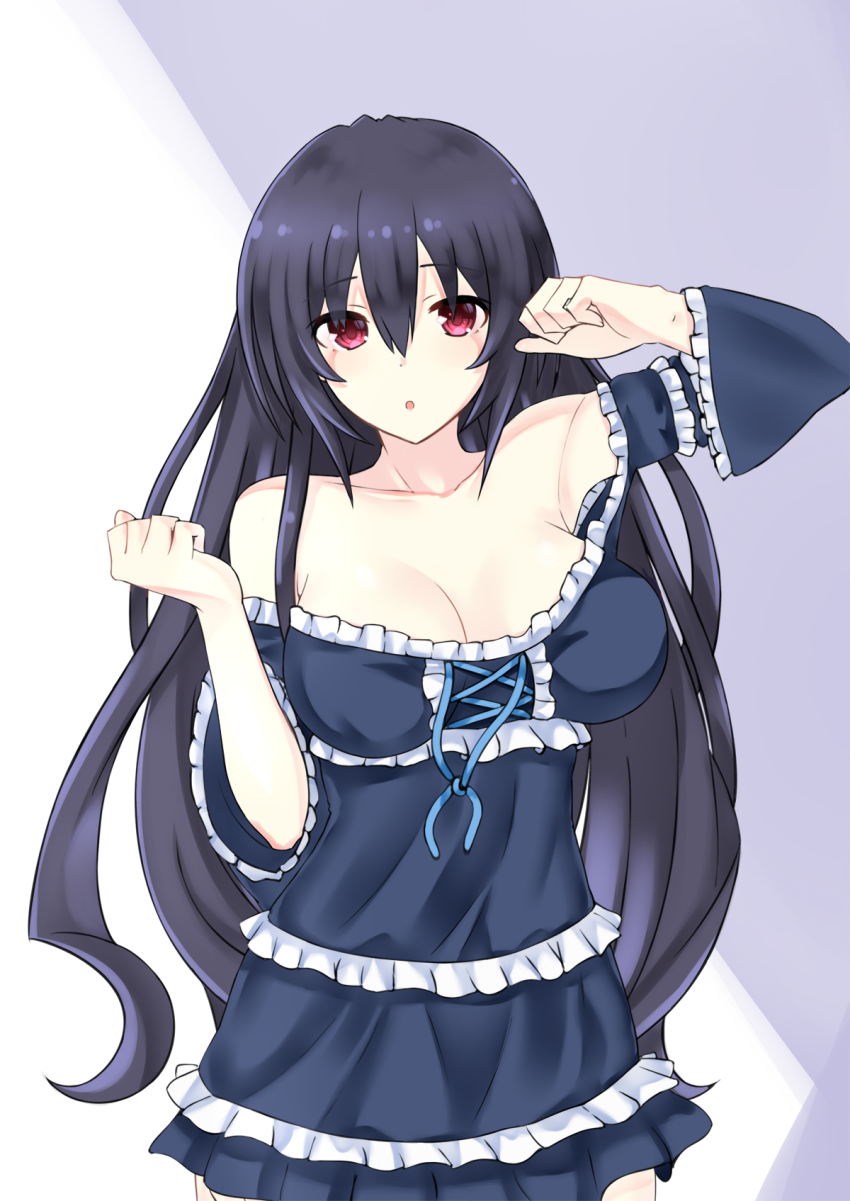 alternate_breast_size, bare_shoulders, black_hair, breasts, cleavage, exhausted, hair_between_eyes, highres