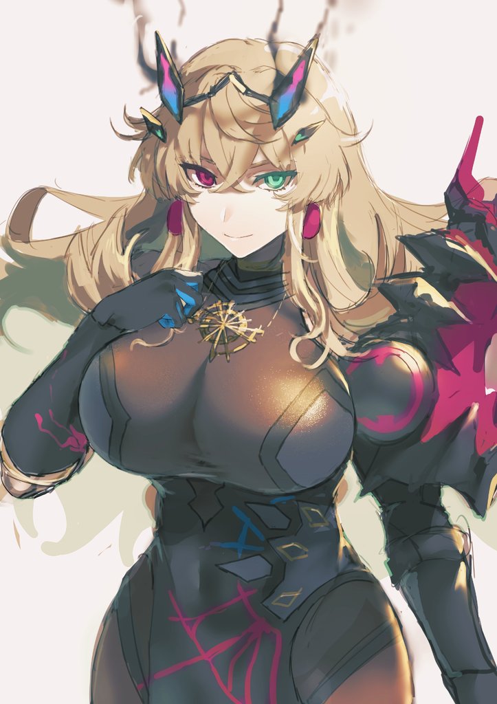 1girl, armor, blonde_hair, breasts, barghest_(fate), barghest_(second_ascension)_(fate), fate/grand_order, fate_(series), gloves, hair_between_eyes, heterochromia, large_breasts, long_hair, miton_(vvse5752), shoulder_armor, simple_background, solo, upper_body