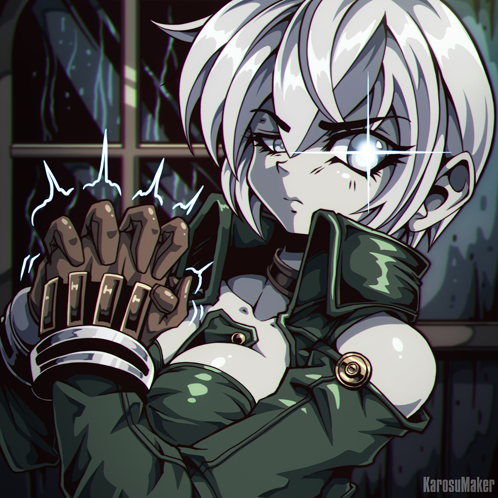 1girl, breasts, choker, cleavage, colored_skin, cracking_knuckles, fist_in_hand, genderswap, genderswap_(mtf), gloves, grey_eyes, grey_skin, karosu_maker, medium_breasts, mr_x, resident_evil, short_hair, solo, sparkling_eyes, tyrant_(resident_evil), white_hair