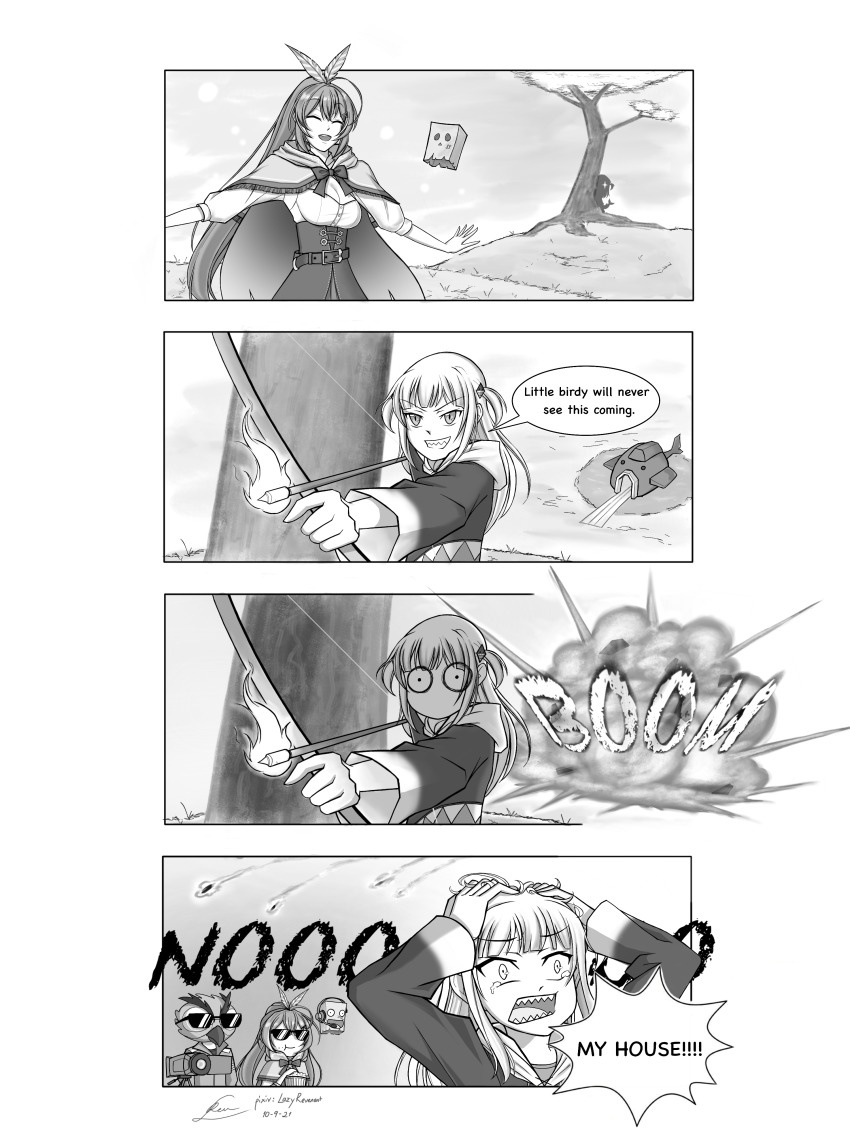 absurdres, bow_(weapon), camera, daithi_de_nogla, english_text, explosion, flaming_arrow, friend_(nanashi_mumei), gawr_gura, greyscale, highres, hololive, hololive_english, house, monochrome, nanashi_mumei, nanashi_mumei_(1st_costume), sharp_teeth, sunglasses, tagme, tears, teeth, vanossgaming, virtual_youtuber, weapon