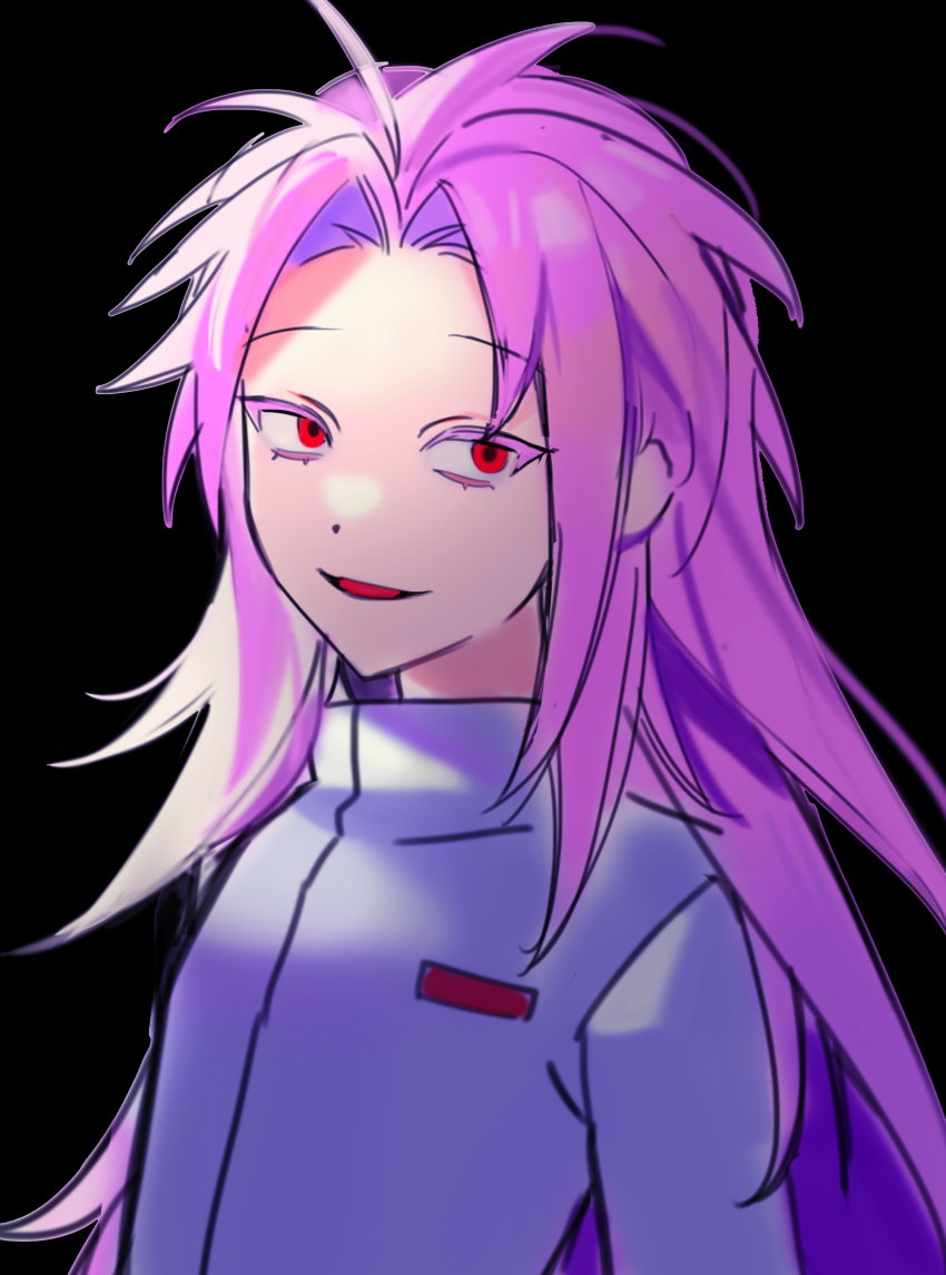 1boy, absurdres, antenna_hair, black_background, colored_eyelashes, commentary, crazy_smile, hair_intakes, hatsutori_hajime, highres, kilimojji, long_hair, long_sleeves, male_focus, open_mouth, pink_hair, saibou_shinkyoku, shirt, simple_background, smile, solo, upper_body, white_shirt