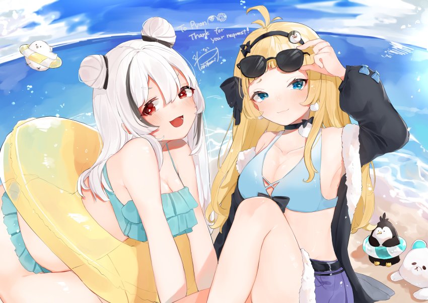 2girls, absurdres, beach, belt, bikini, bird, black_belt, black_bow