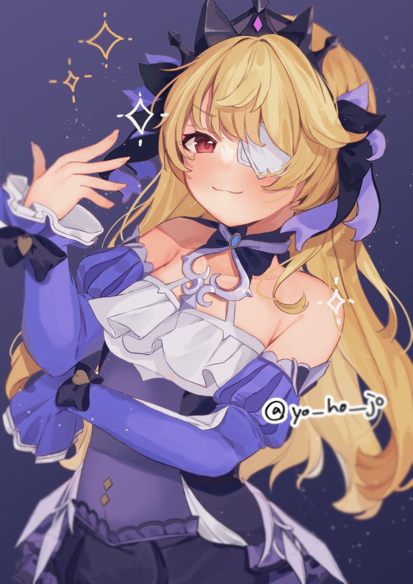 black_background, blonde_hair, blush, collarbone, fischl_(ein_immernachtstraum)_(genshin_impact), fischl_(genshin_impact), flat_chest, genshin_impact, harikomi, highres, leaning_back, long_hair, looking_at_viewer, official_alternate_costume, one_eye_covered, open_hand, red_eyes, smile, sparkle, tiara, twitter_username, v-shaped_eyebrows