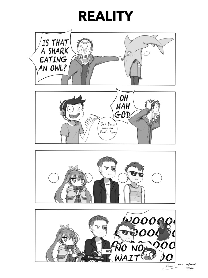 daithi_de_nogla, english_text, expectation_vs._reality, gawr_gura_(shark), greyscale, h2o_delirious, highres, hololive