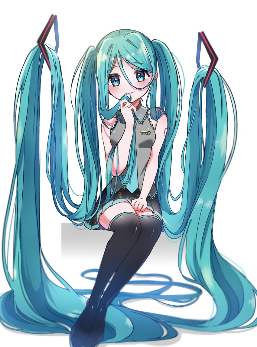 absurdly_long_hair, black_boots, black_skirt, black_thighhighs, boots, green_eyes, green_hair, green_necktie