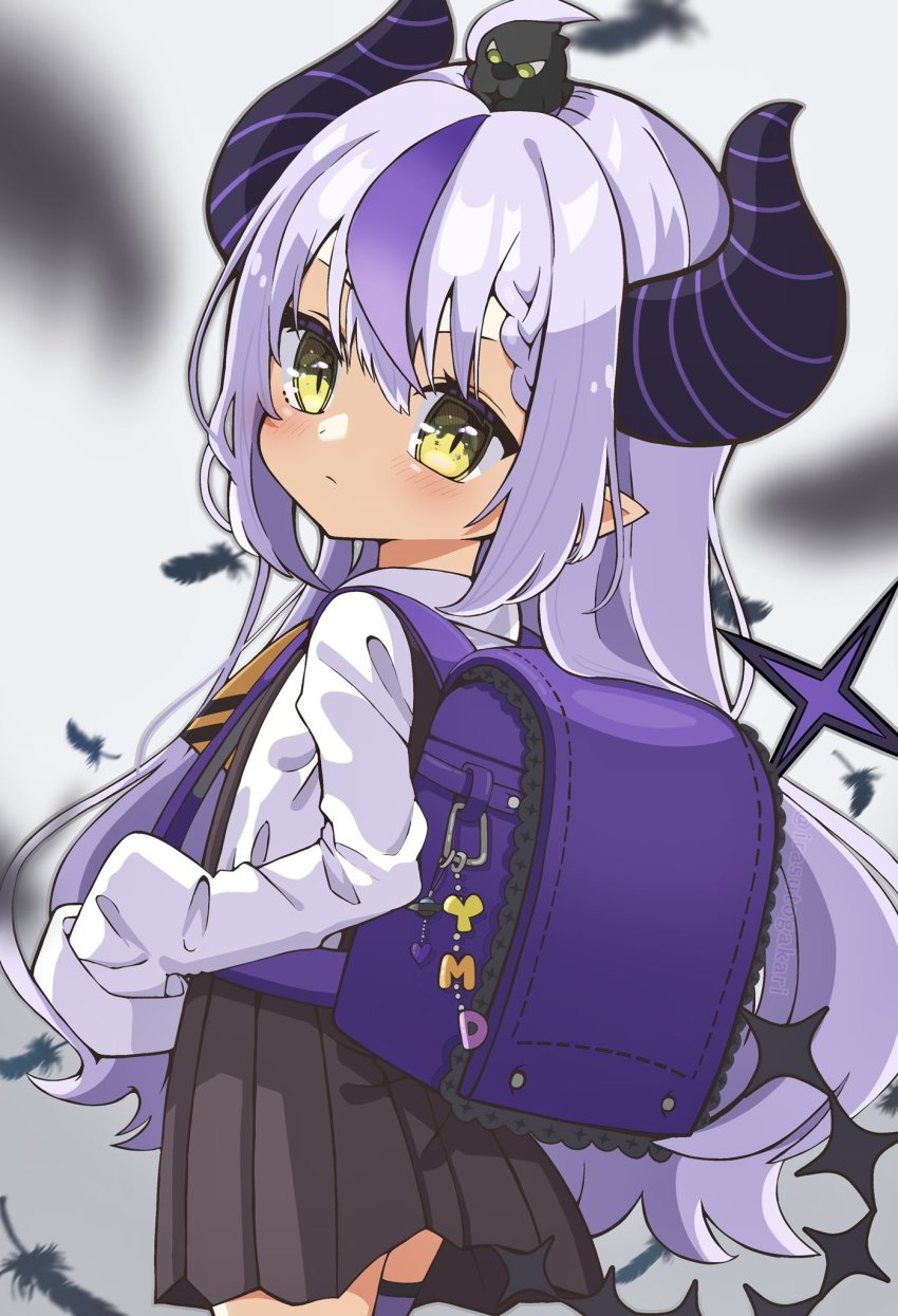 1girl, ahoge, backpack, bag, black_dress, braid, crow_(la+_darknesss), demon_girl, demon_horns, dress, from_behind, green_eyes, grey_hair, highres, hololive, horns, irasutogakari, la+_darknesss, long_hair, long_sleeves, looking_back, multicolored_hair, pointy_ears, randoseru, school_uniform, shirt, sleeves_past_wrists, streaked_hair, striped_horns, virtual_youtuber, white_shirt