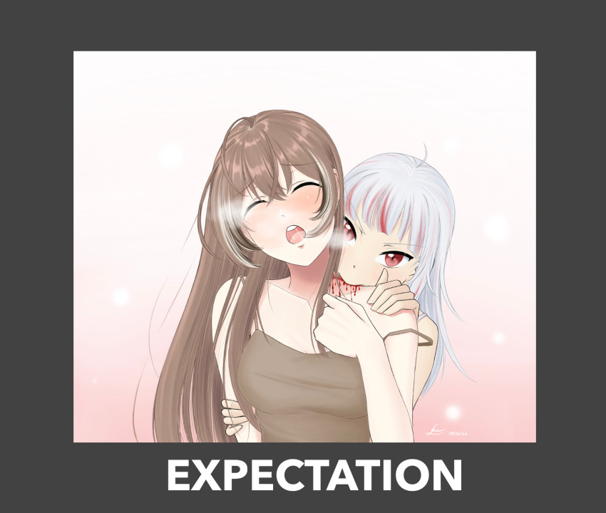 biting, blood, brown_hair, english_text, expectation_vs._reality, gawr_gura, highres, hololive, hololive_english, lazy_revenant, nanashi_mumei, red_eyes, reflect_(gawr_gura), tagme, virtual_youtuber, white_hair