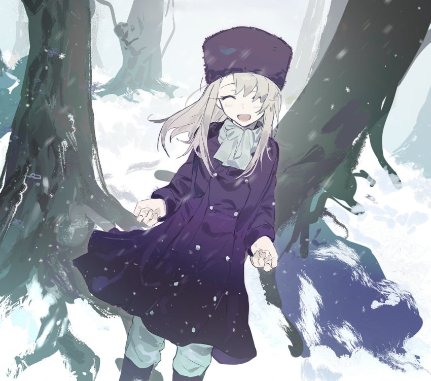 1girl, ^_^, blush, child, closed_eyes, coat, coat_dress, commentary, dress, fate/stay_night, fate/zero, fate_(series), feet_out_of_frame, hat, heaven's_feel, highres, illyasviel_von_einzbern, laver_(1090792977), long_hair, looking_at_viewer, open_mouth, pants, purple_coat, purple_footwear, purple_hat, scarf, smile, snow, snowing, solo, tree, white_hair, white_pants