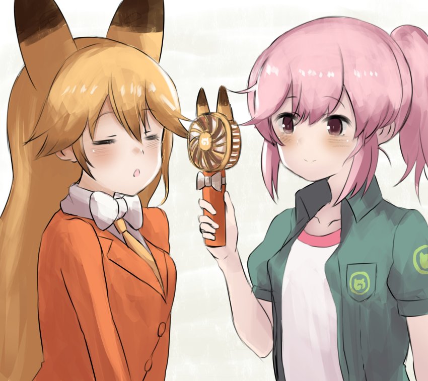 2girls, animal_ears, blush, bow, bowtie, brown_hair, electric_fan, extra_ears