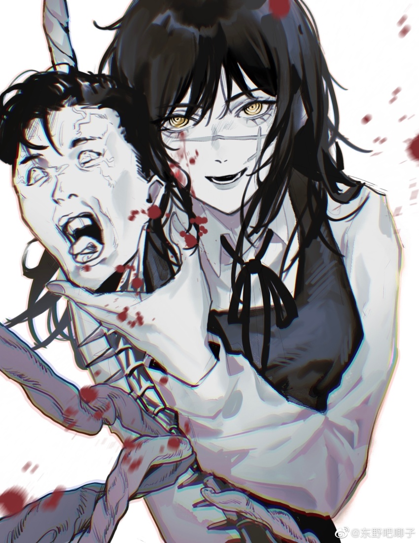 1girl, black_hair, blood, blood_on_face, chainsaw_man, chinese_commentary, chromatic_aberration, collared_shirt