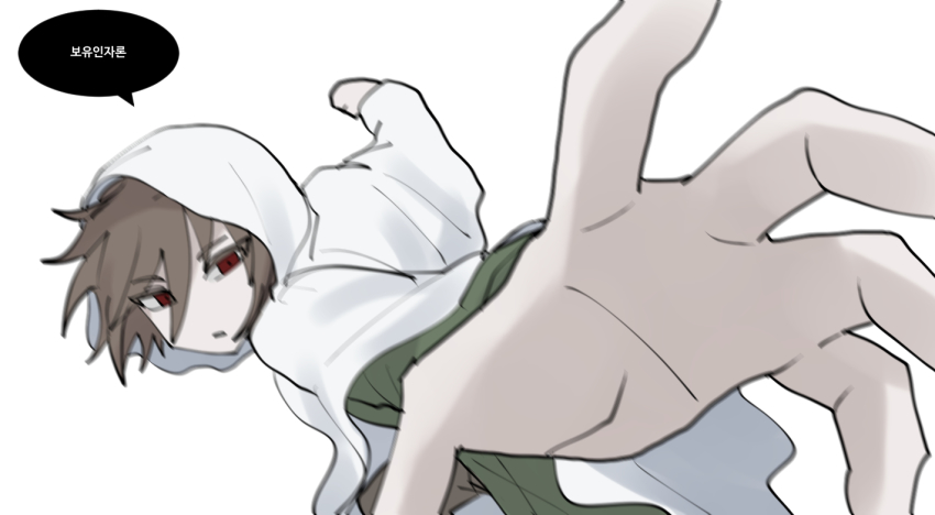 1boy, brown_hair, brown_pants, cloak, commentary_request, green_shirt, harada_mutei, hood