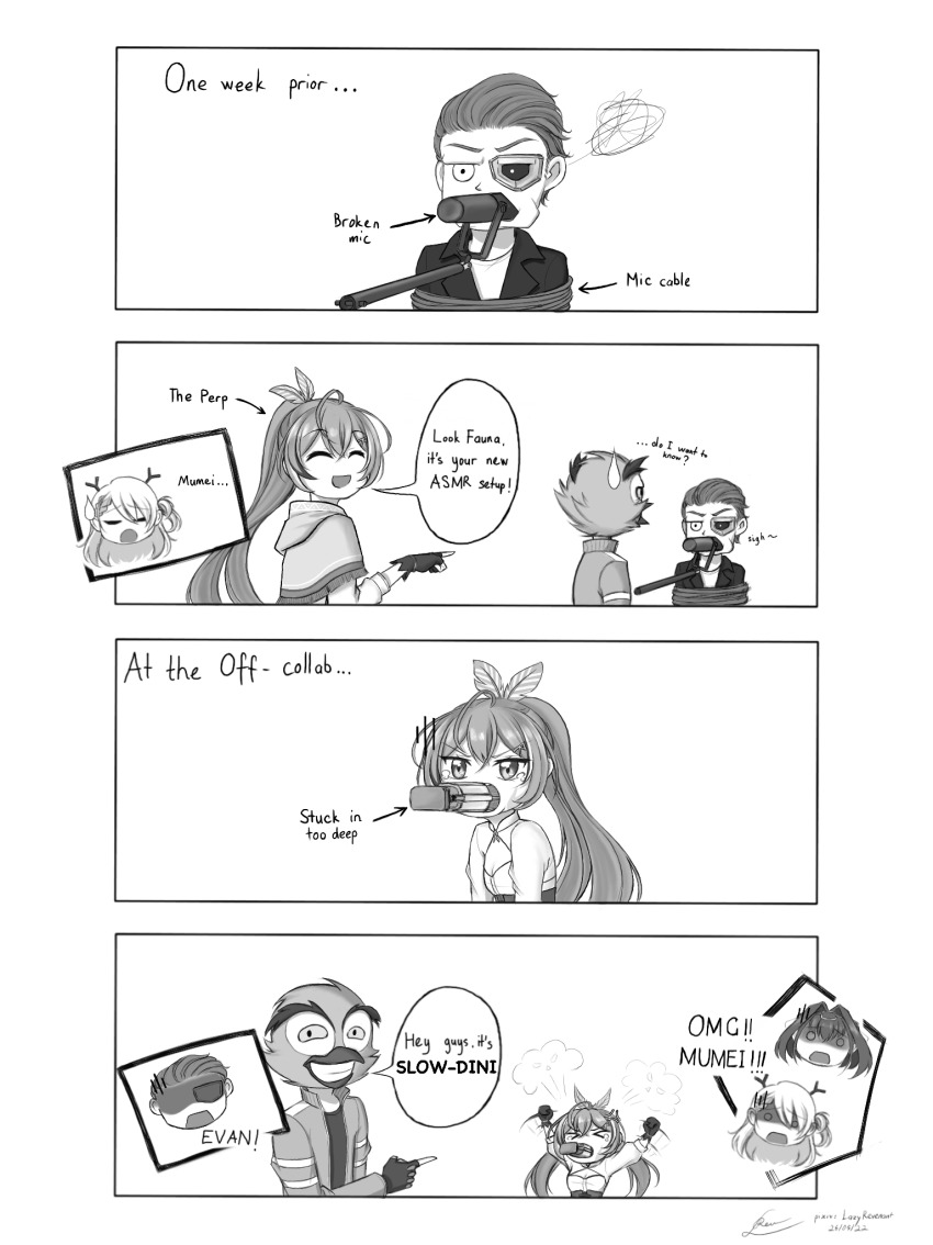 anger_vein, cable, ceres_fauna, english_text, greyscale, highres, hololive, hololive_english, lazy_revenant, microphone, monochrome, nanashi_mumei, nanashi_mumei_(1st_costume), ouro_kronii, smile, sweatdrop, tagme, terroriser, vanossgaming, virtual_youtuber